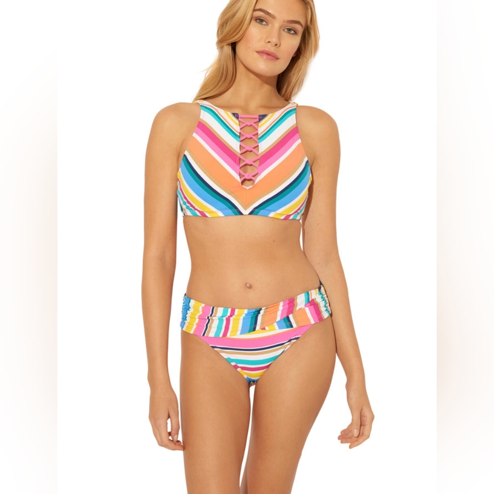 NWT 2PC- BLEU ROD BEATTIE LACE-UP COLOR BOMB MULTI TOP & SARONG BOTTOM BIKIN…